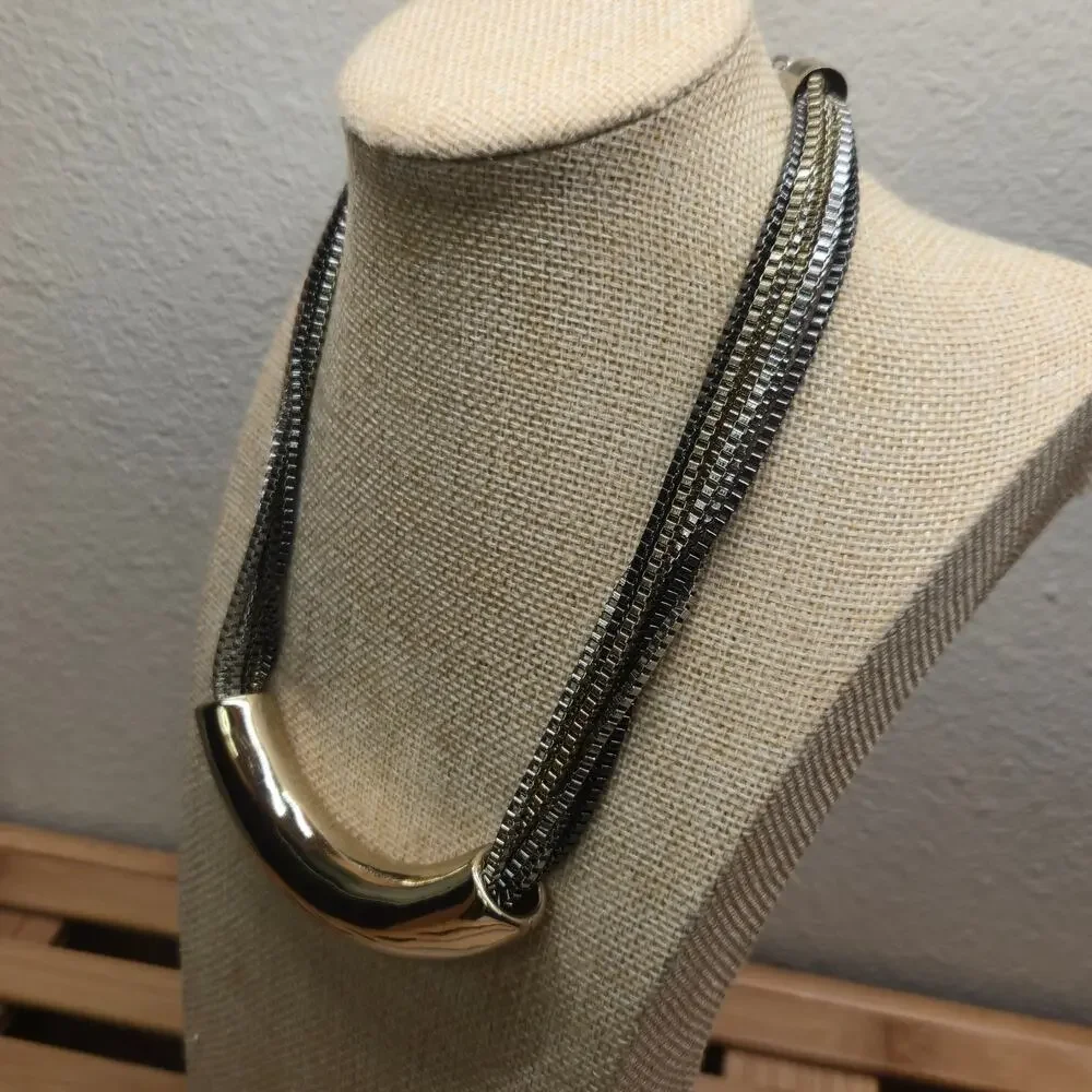 Vintage Lydell NYC Multi Strand Statement Necklace Two Tone Silver Gold Mesh
